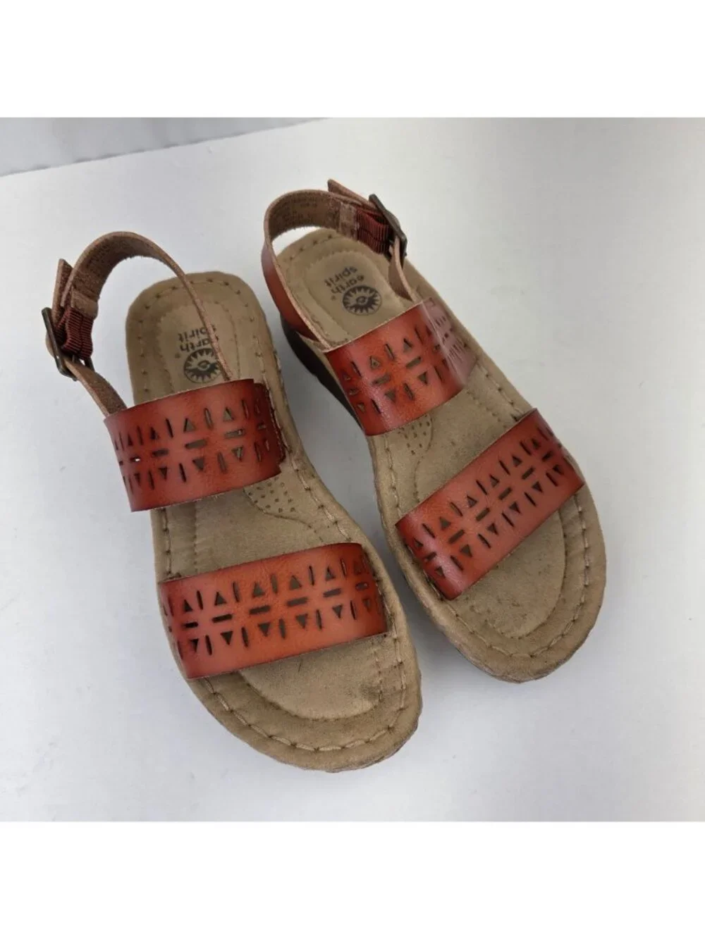 Earth Spirit Meaghan Wedge Laser Cut Strap Sandals Cognac Size 7